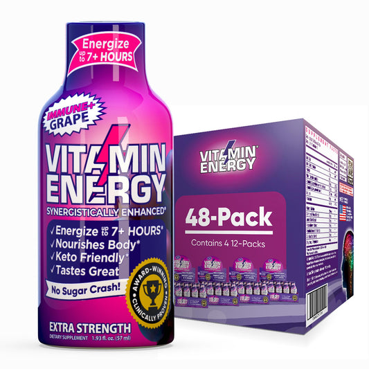 Vitamin Energy Immune+ grape bottle shows label for quick energy lift