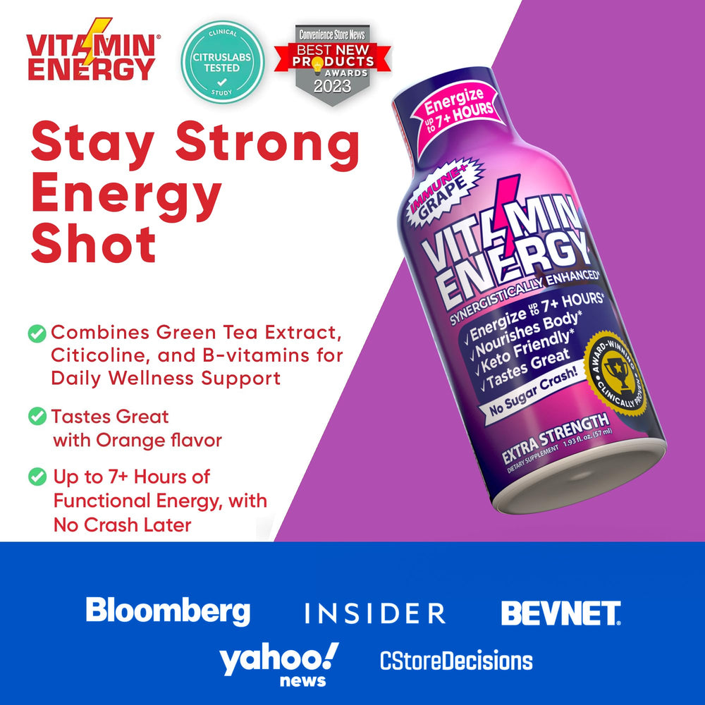 Pouring Vitamin Energy Immune+ grape shot, zero sugar and gluten-free