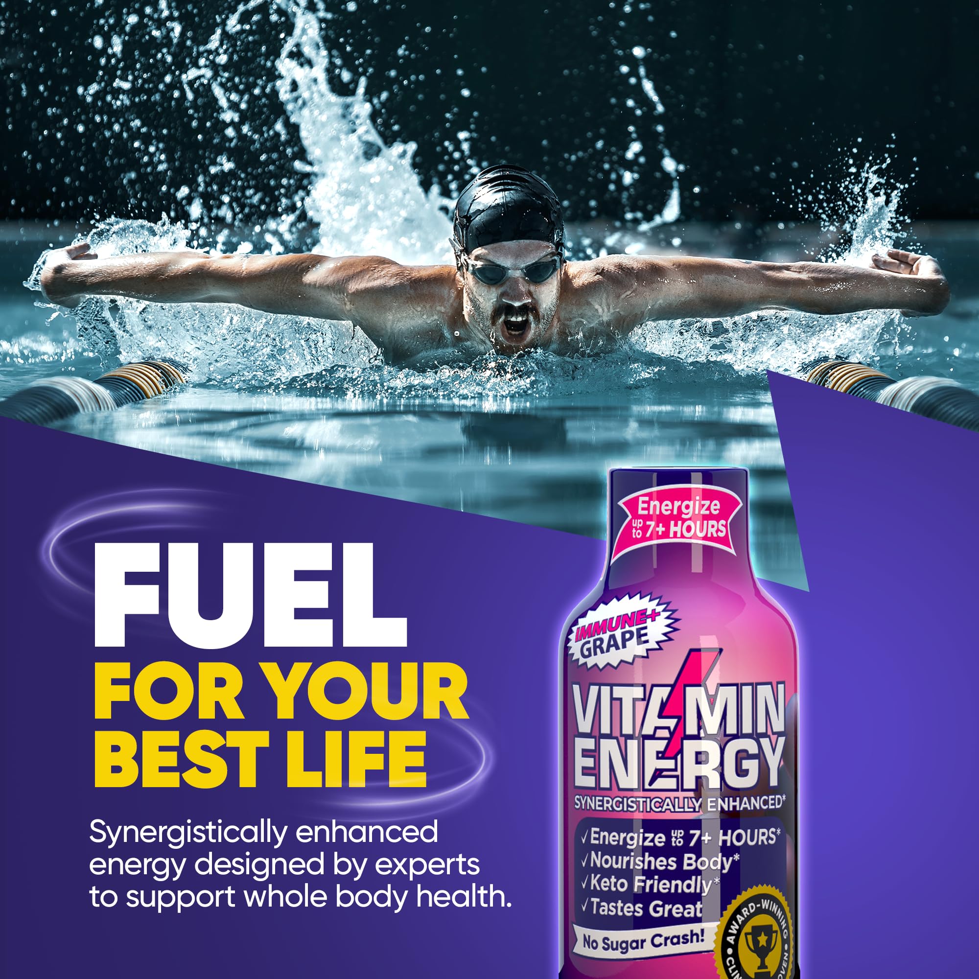 Vitamin Energy Immune+ grape shot glass suggesting long-lasting energy