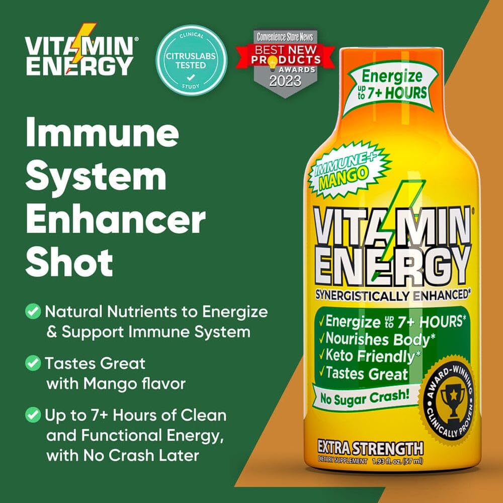 Hands holding Vitamin Energy Immune+ Mango Shot for travel or daily use.