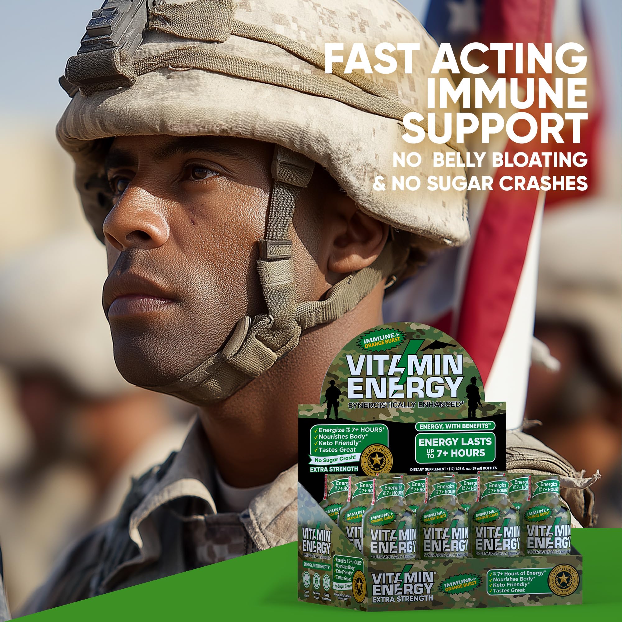 Vitamin Energy Immune+ ingredient label emphasizes 260mg caffeine and B vitamins.