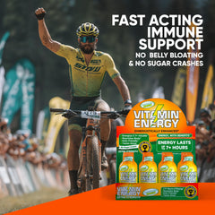 Fresh mango and Vitamin Energy Immune+ bottle emphasizing flavor.