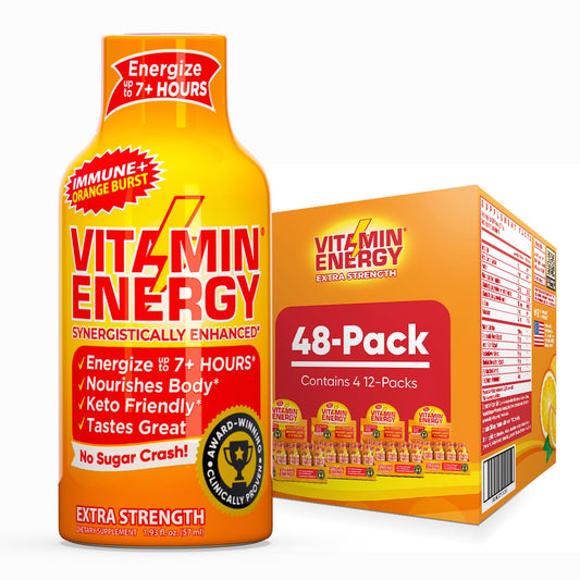 Vitamin Energy Immune+ Orange Burst bottle boosts morning energy and focus.