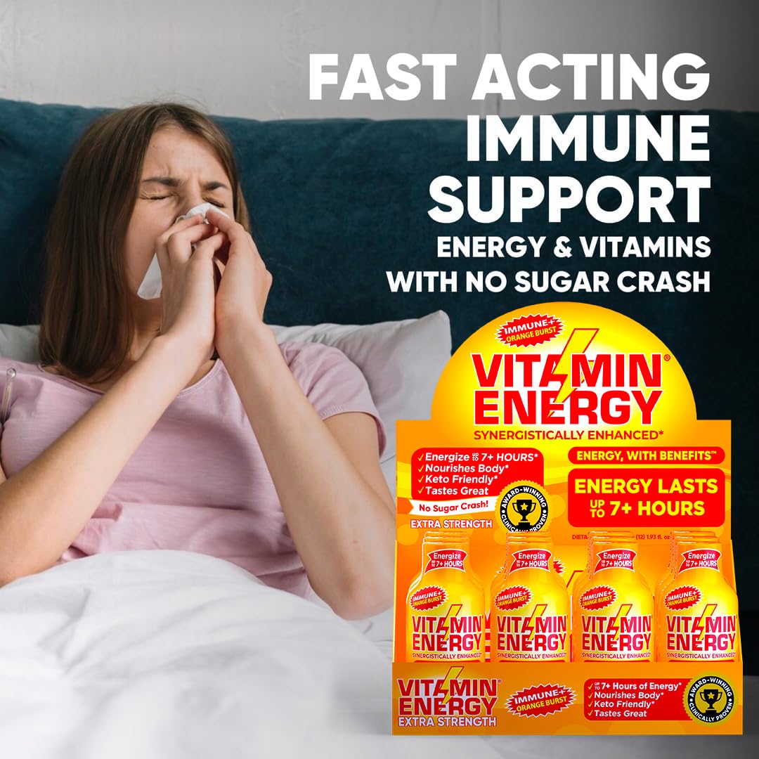 Vitamin Energy Immune+ Orange Burst ingredients highlighting green tea and B vitamins.