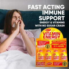 Vitamin Energy Immune+ Orange Burst ingredients highlighting green tea and B vitamins.