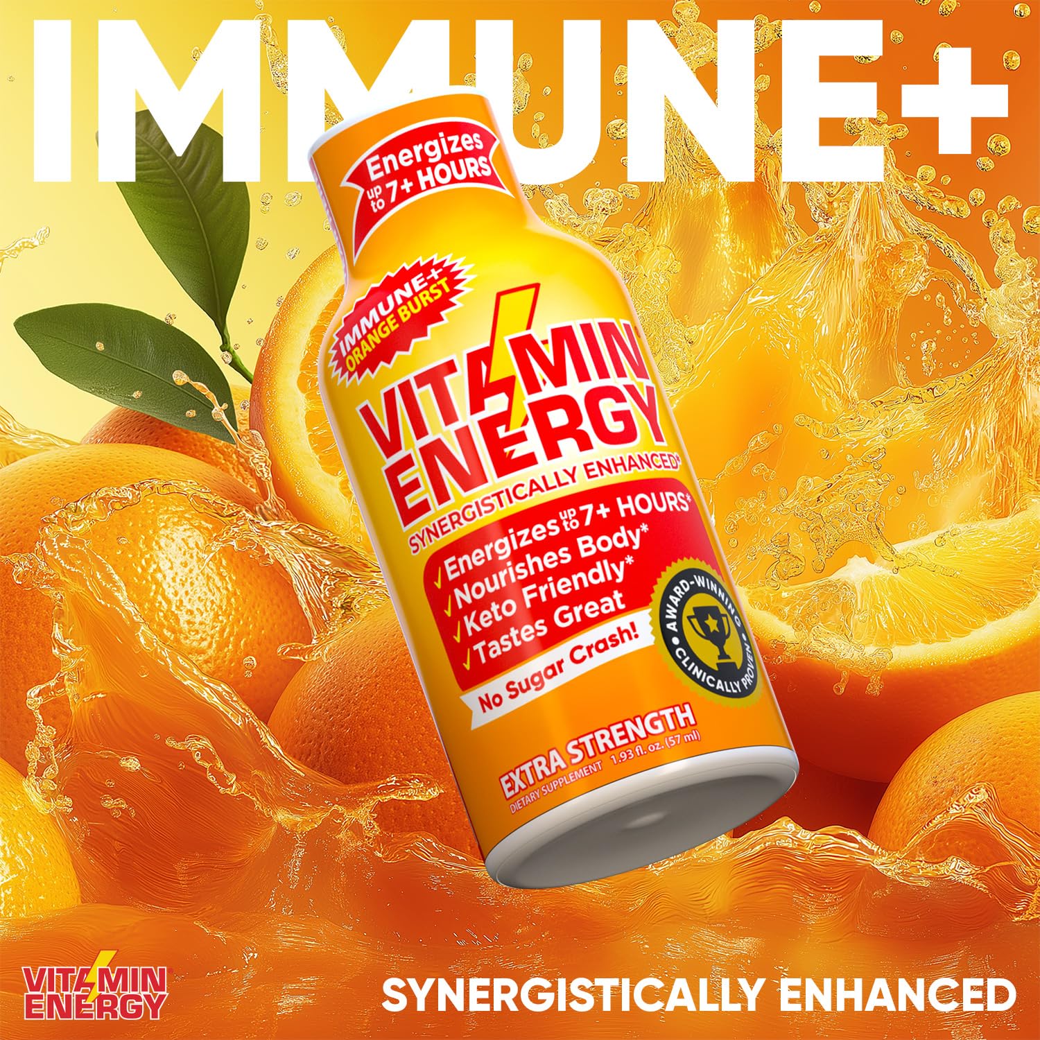 Pouring a shot from Vitamin Energy Immune+ Orange Burst shows quick refreshment.
