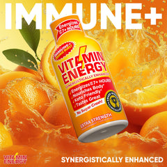 Pouring a shot from Vitamin Energy Immune+ Orange Burst shows quick refreshment.