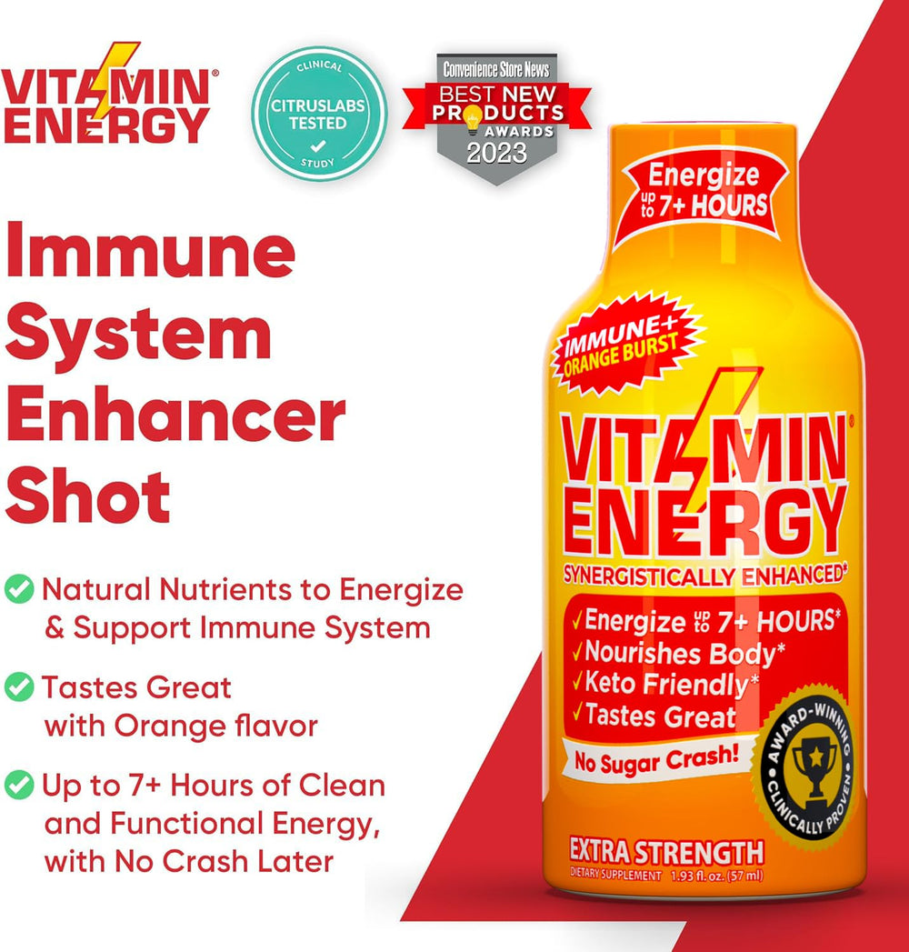 Vitamin Energy Immune+ Orange Burst travel-friendly shot for busy days.