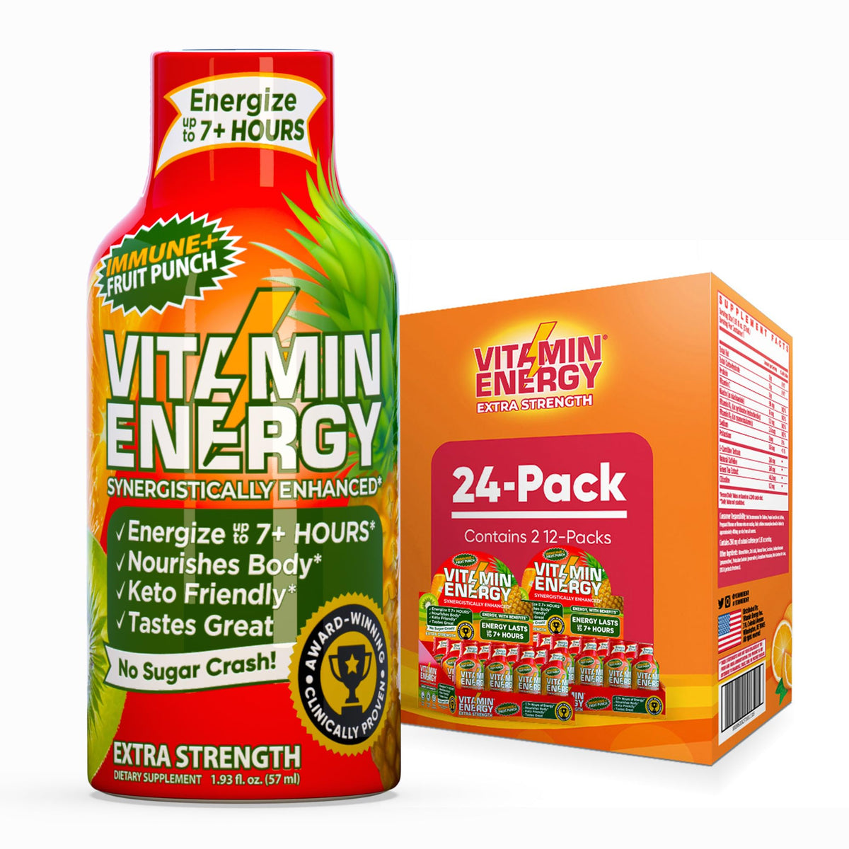 Vitamin Energy Immune+ fruit punch shot bottle shows flavor and energy boost