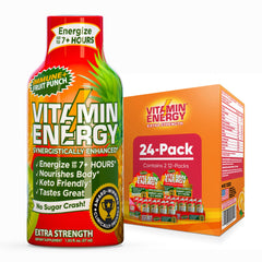 Vitamin Energy Immune+ fruit punch shot bottle shows flavor and energy boost