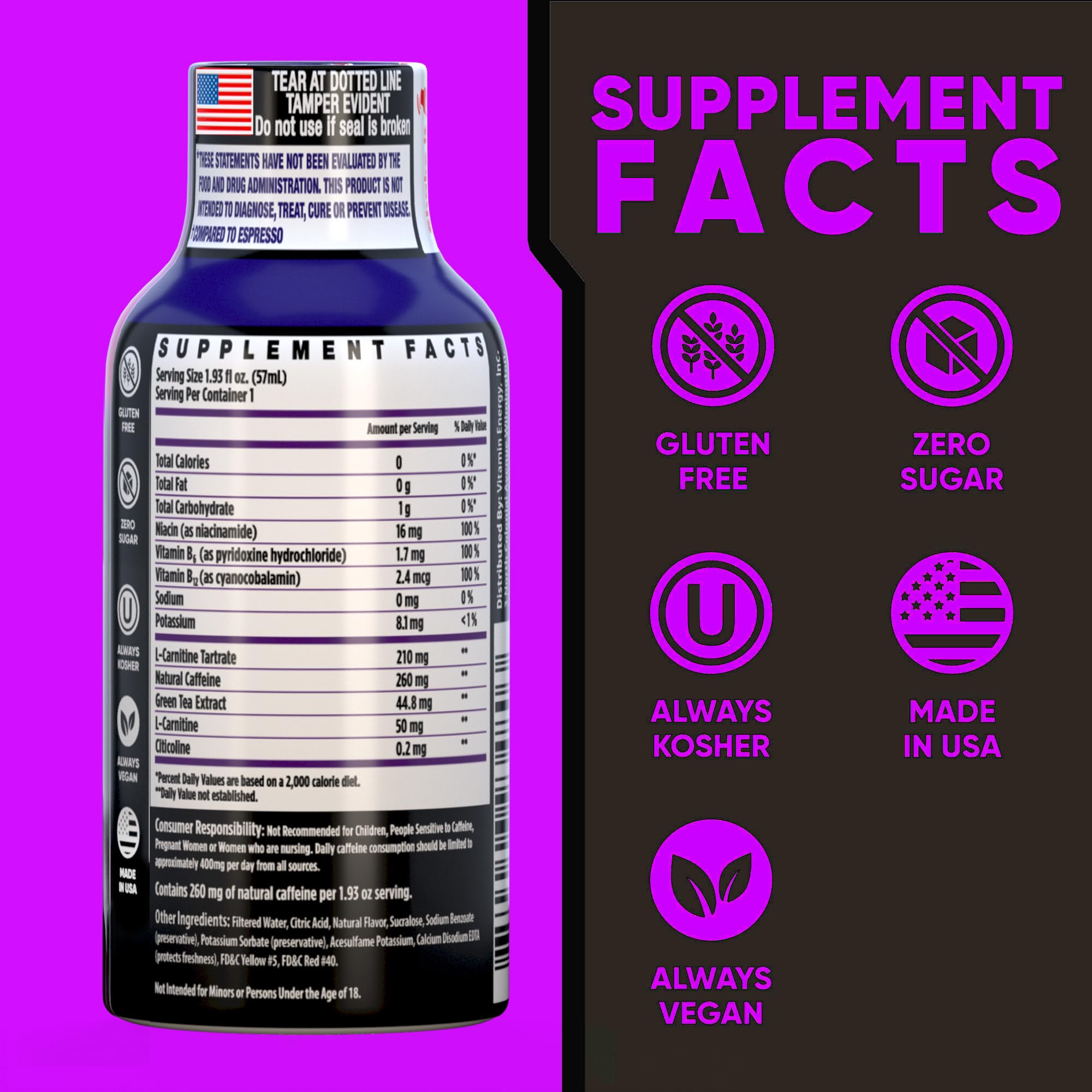Vitamin Energy Immune+ grape bottle close-up highlighting caffeine and B-vitamins.
