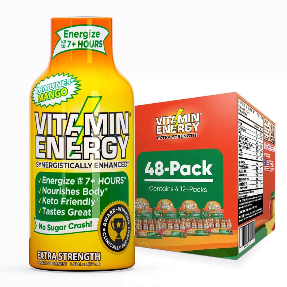 Vitamin Energy Immune+ Mango Shot bottle ready for quick energy and focus.