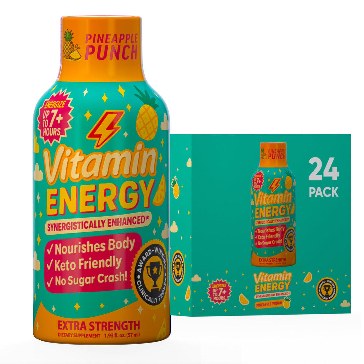Vitamin Energy Immune+ Pineapple shot bottle highlights convenient energy and immunity support.