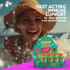 Vitamin Energy Immune+ pineapple shot emphasizes 260 mg caffeine for focused alertness.