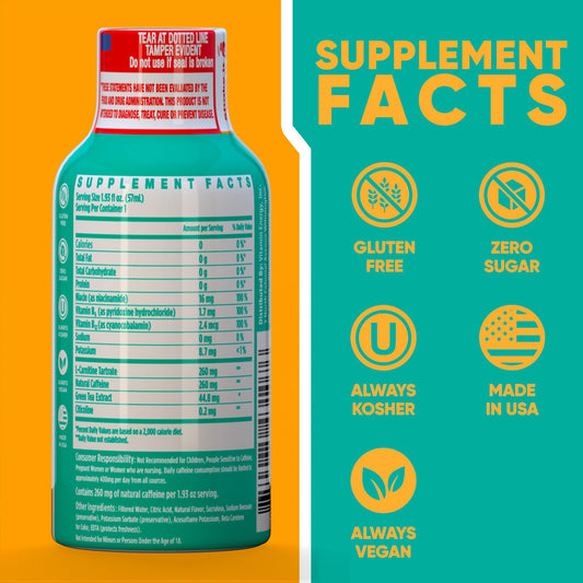Vitamin Energy Immune+ shot pineapple label closeup highlights caffeine and immune-support ingredients.