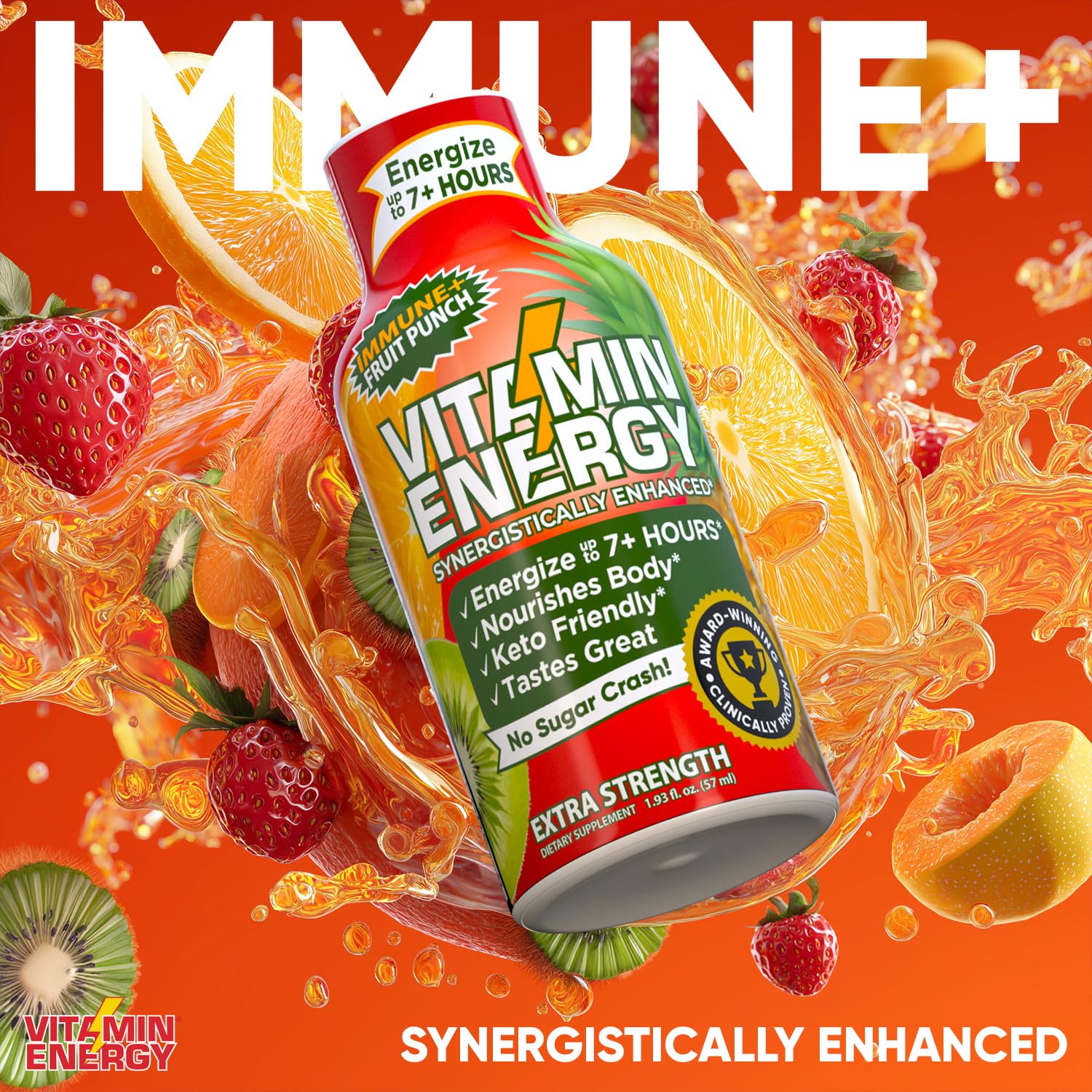 Vitamin Energy Immune+ shot being poured into a glass for a quick boost.
