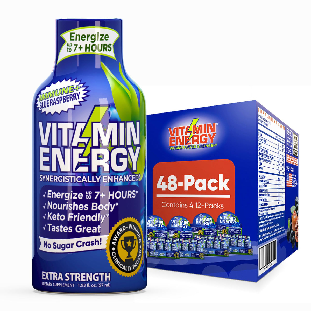 Vitamin Energy Immune+ bottle front in blue raspberry flavor for sustained energy