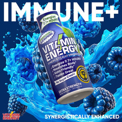 Vitamin Energy Immune+ label closeup showing vitamin content and caffeine