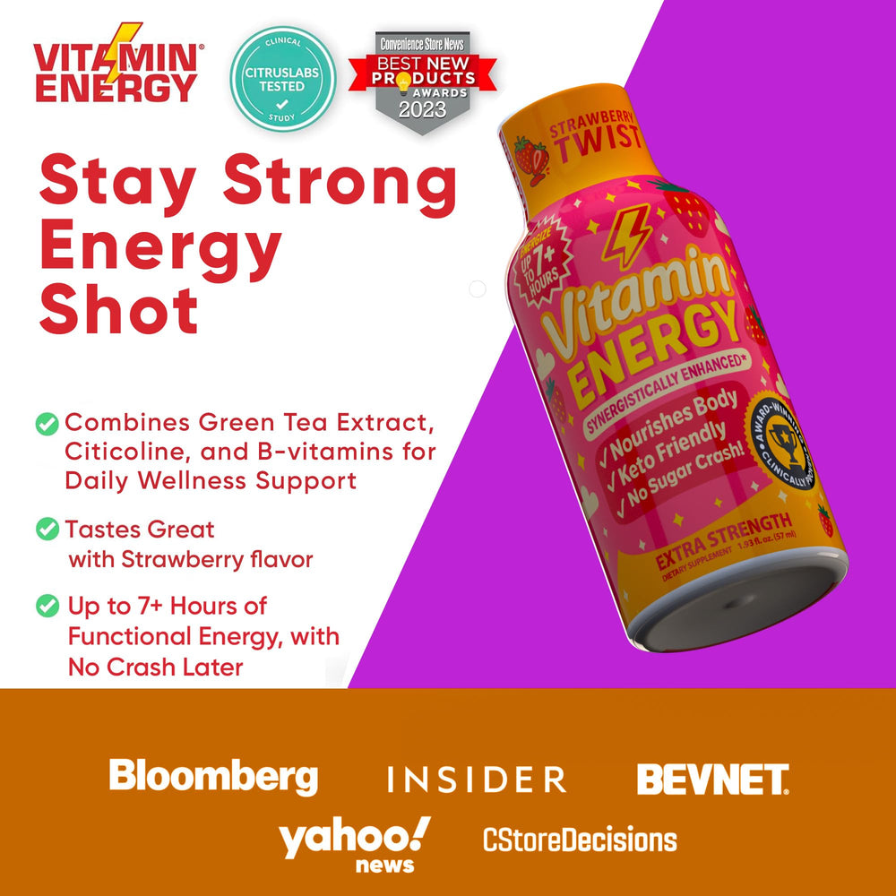 Close-up label highlights caffeine and B-vitamin blend
