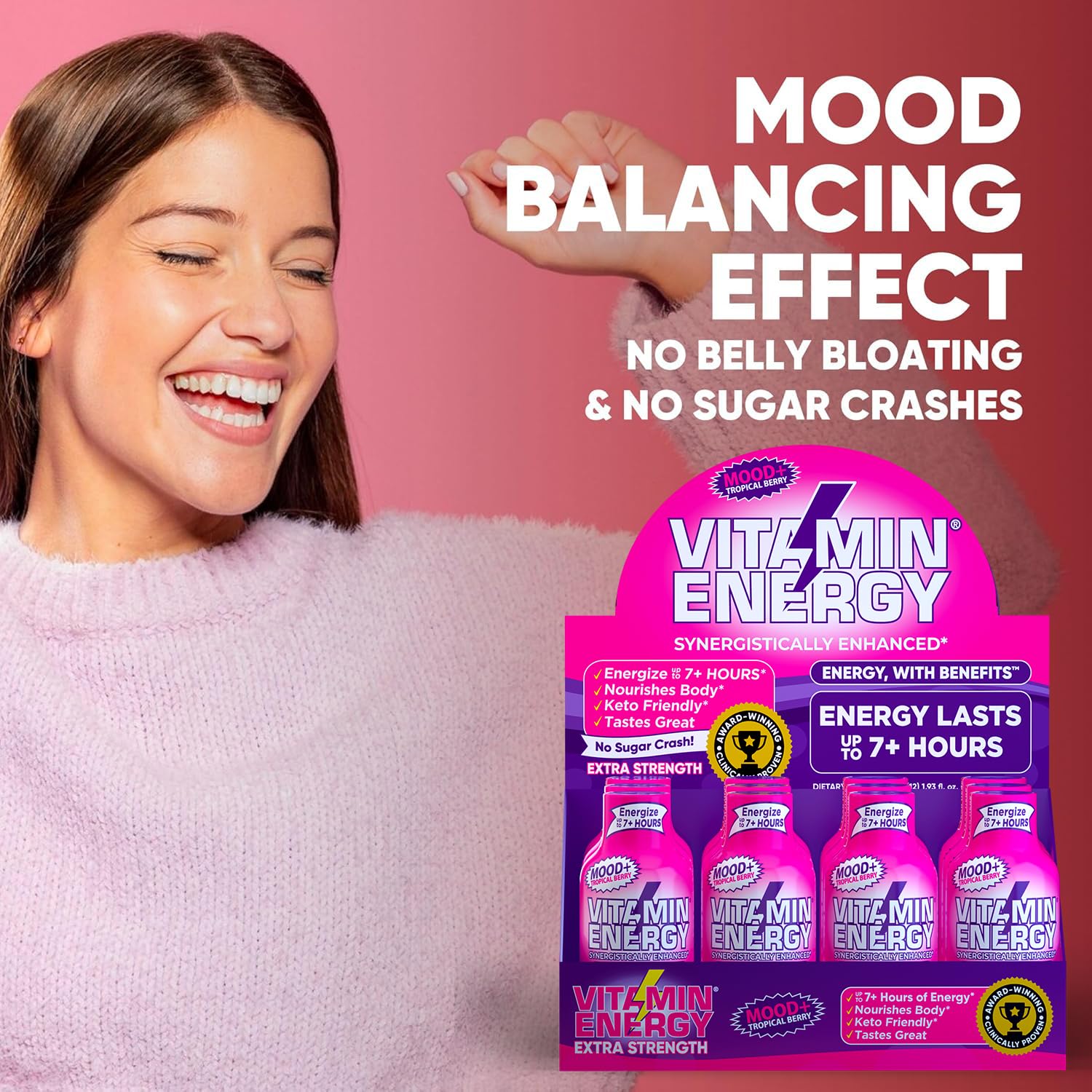 Vitamin Energy Mood Plus serving pouch illustrates convenient single-serving on-the-go