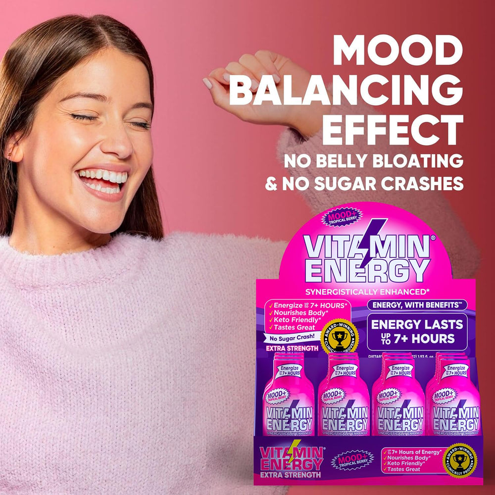 Vitamin Energy Mood Plus serving pouch illustrates convenient single-serving on-the-go