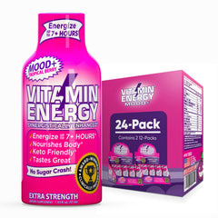 Vitamin Energy Mood Plus Tropical Berry bottle shows bold flavor and convenient energy on the go