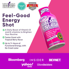 Vitamin Energy Mood Plus shot vegan and gluten-free seals emphasize clean, plant-based energy