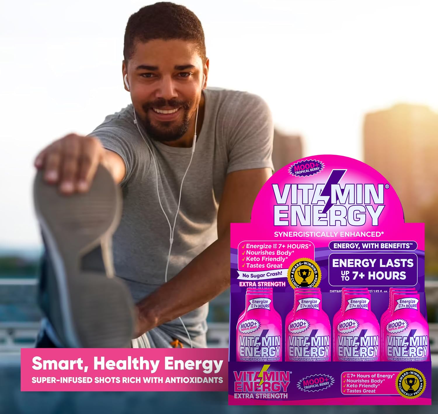 Open bottle of Vitamin Energy Mood+ Tropical Berry with resealable cap