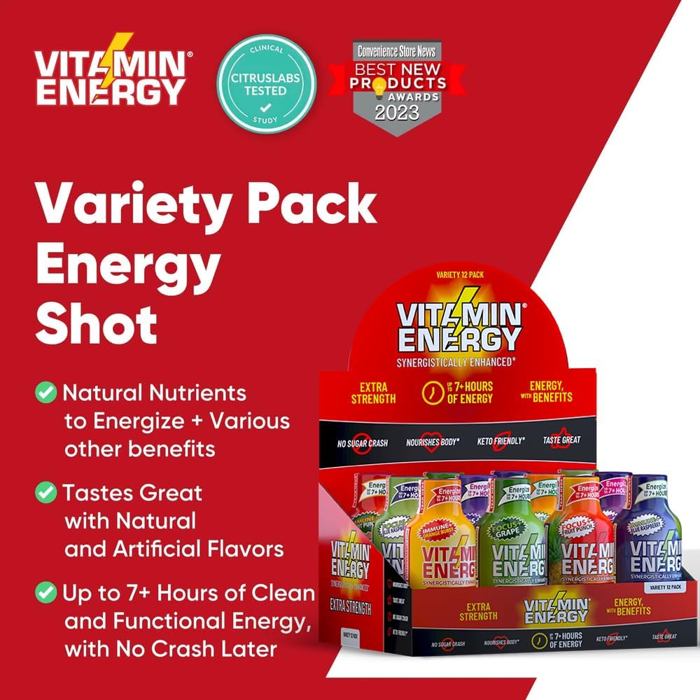 Vitamin Energy pack collection display features 24 shots available for everyday use.