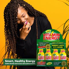 Vitamin Energy bottle pouring into glass illustrates on-the-go energy for workouts