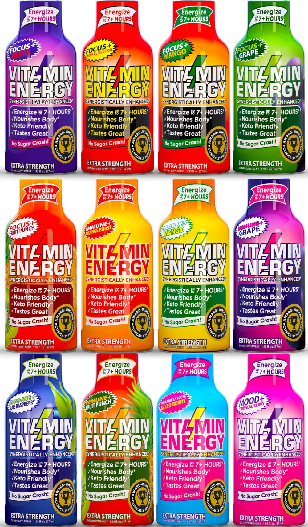 Vitamin Energy shot bottles front highlight quick zero-sugar energy on the go.