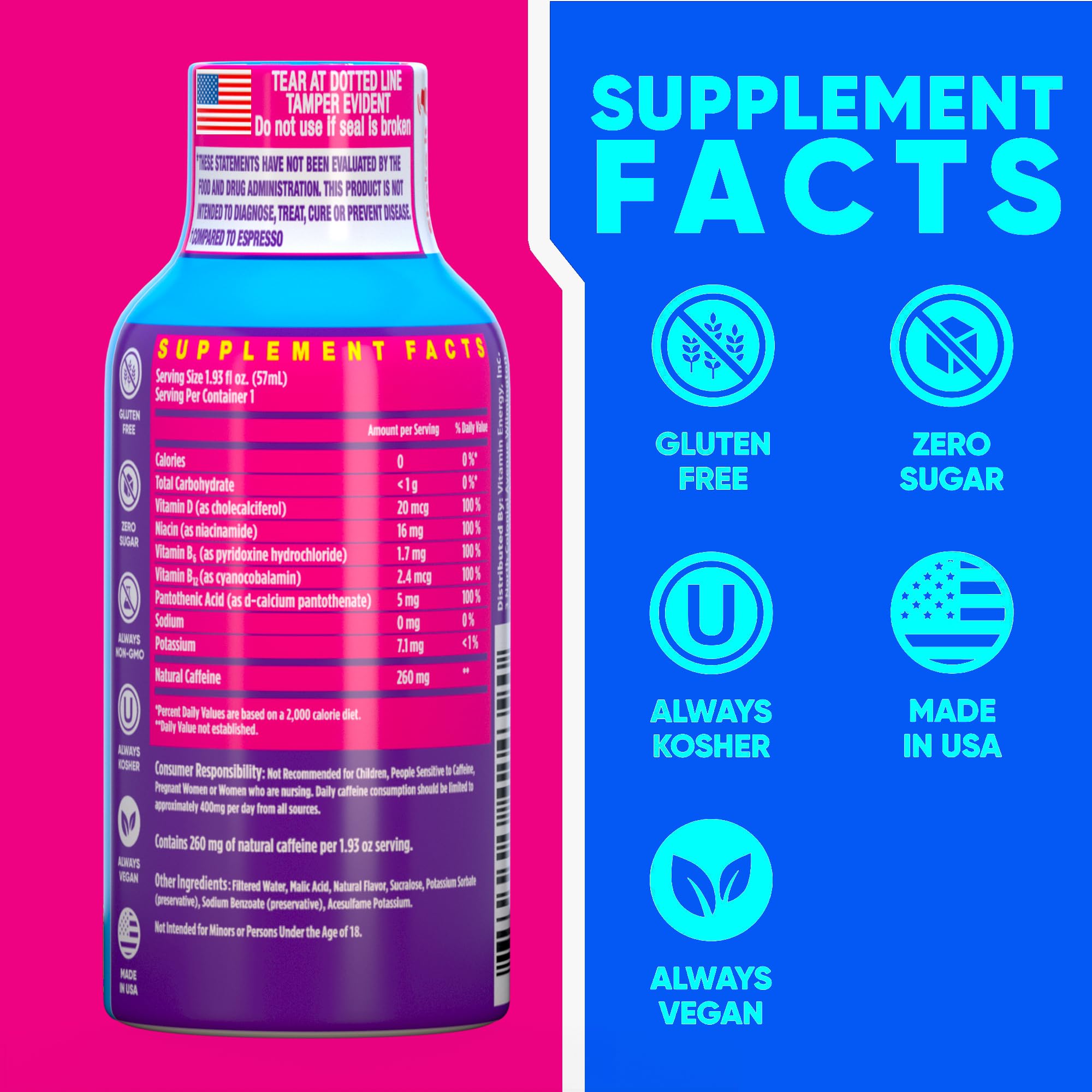 Vitamin Energy shot pour demonstrates fast-acting caffeine delivery