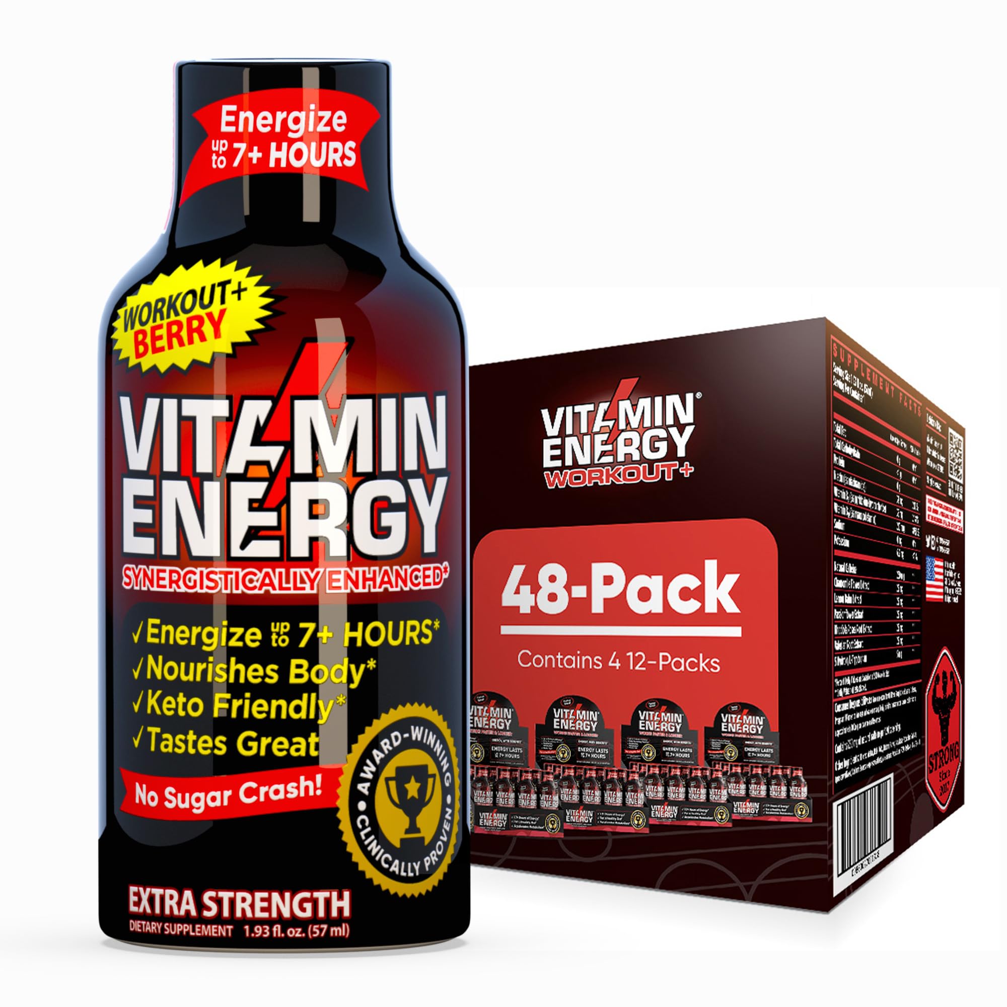 Vitamin Energy Workout+ Berry bottle shows 260mg caffeine for focused workouts.