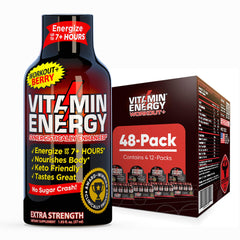 Vitamin Energy Workout+ Berry bottle shows 260mg caffeine for focused workouts.