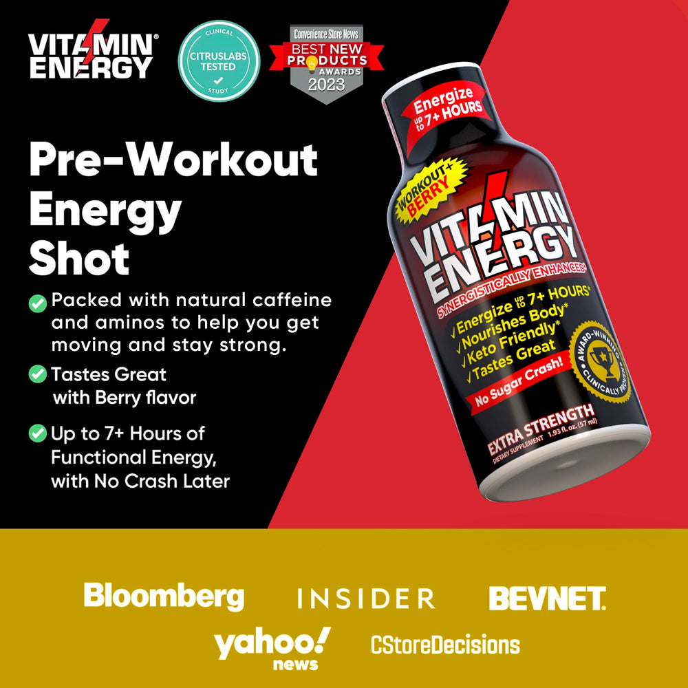 Vitamin Energy Workout+ Berry close-up reveals sugar-free energy for workouts.