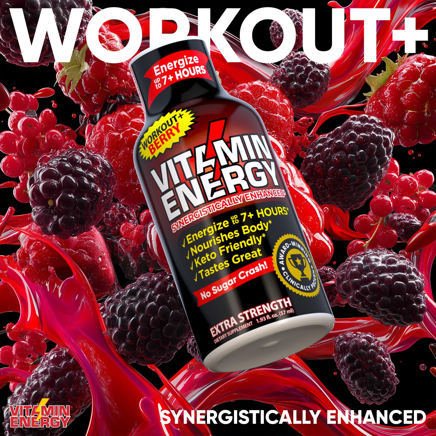 Vitamin Energy Workout+ Berry label showcases B-vitamins and minerals for endurance support.