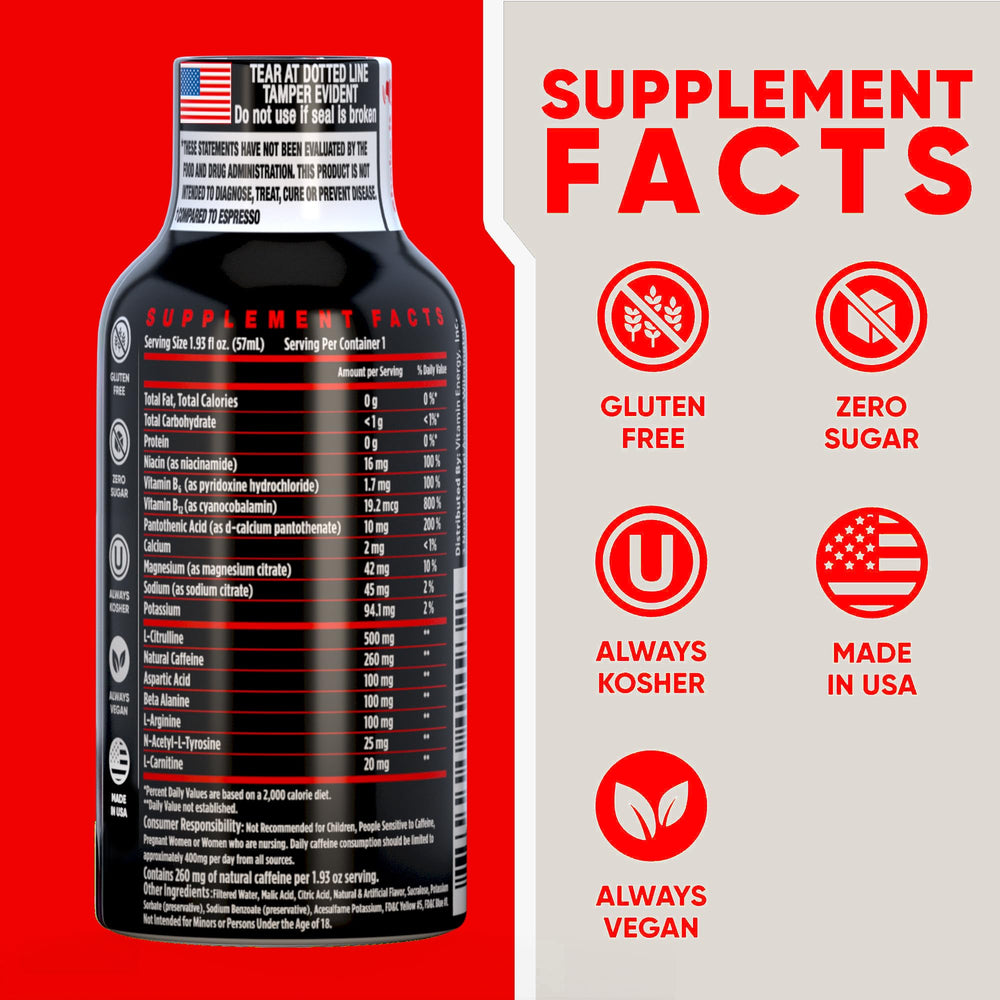 Vitamin Energy Workout+ Berry packaging highlights zero sugar and vegan ingredients for clean energy.