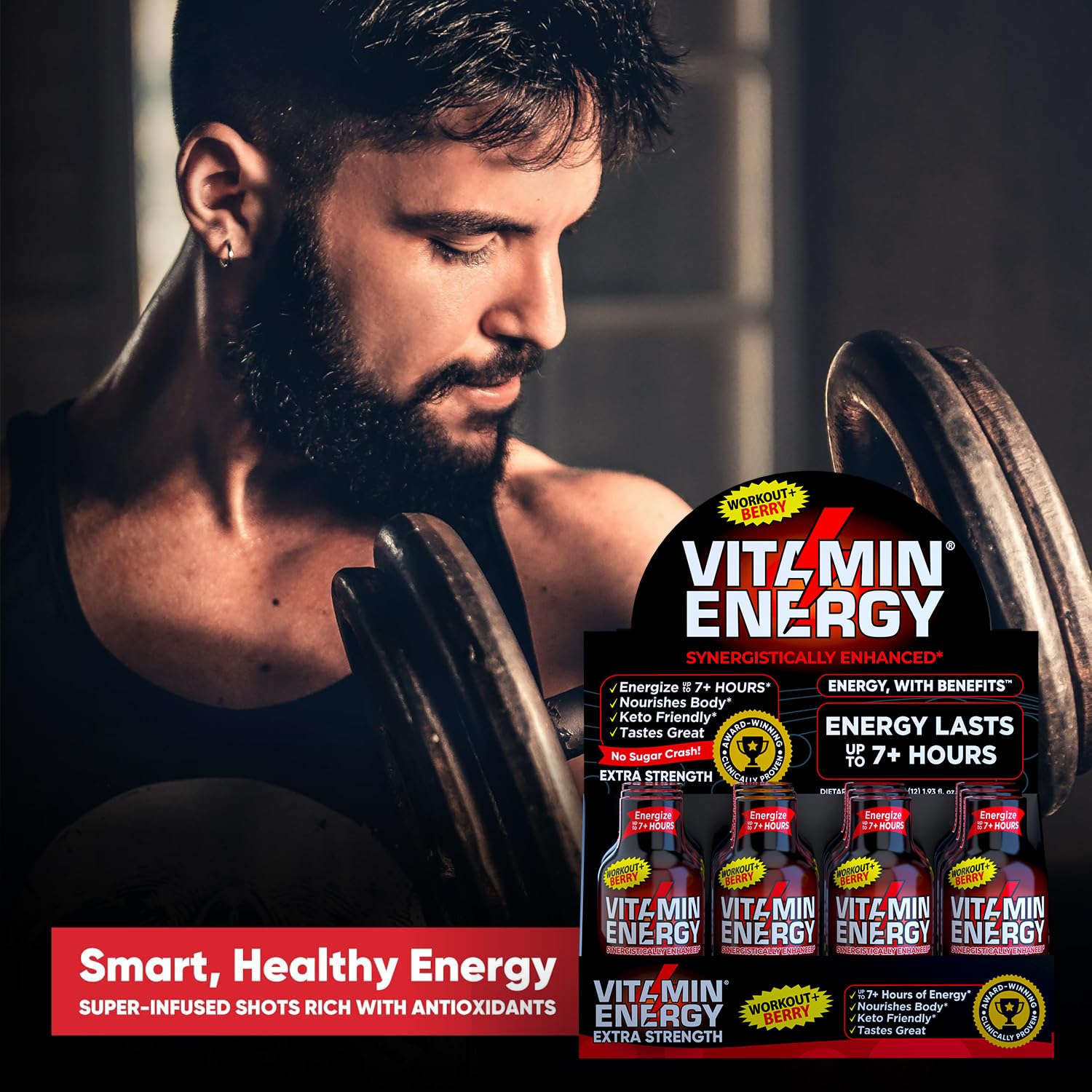 Vitamin Energy Workout+ Berry portable bottle ready for pre-workout routines.