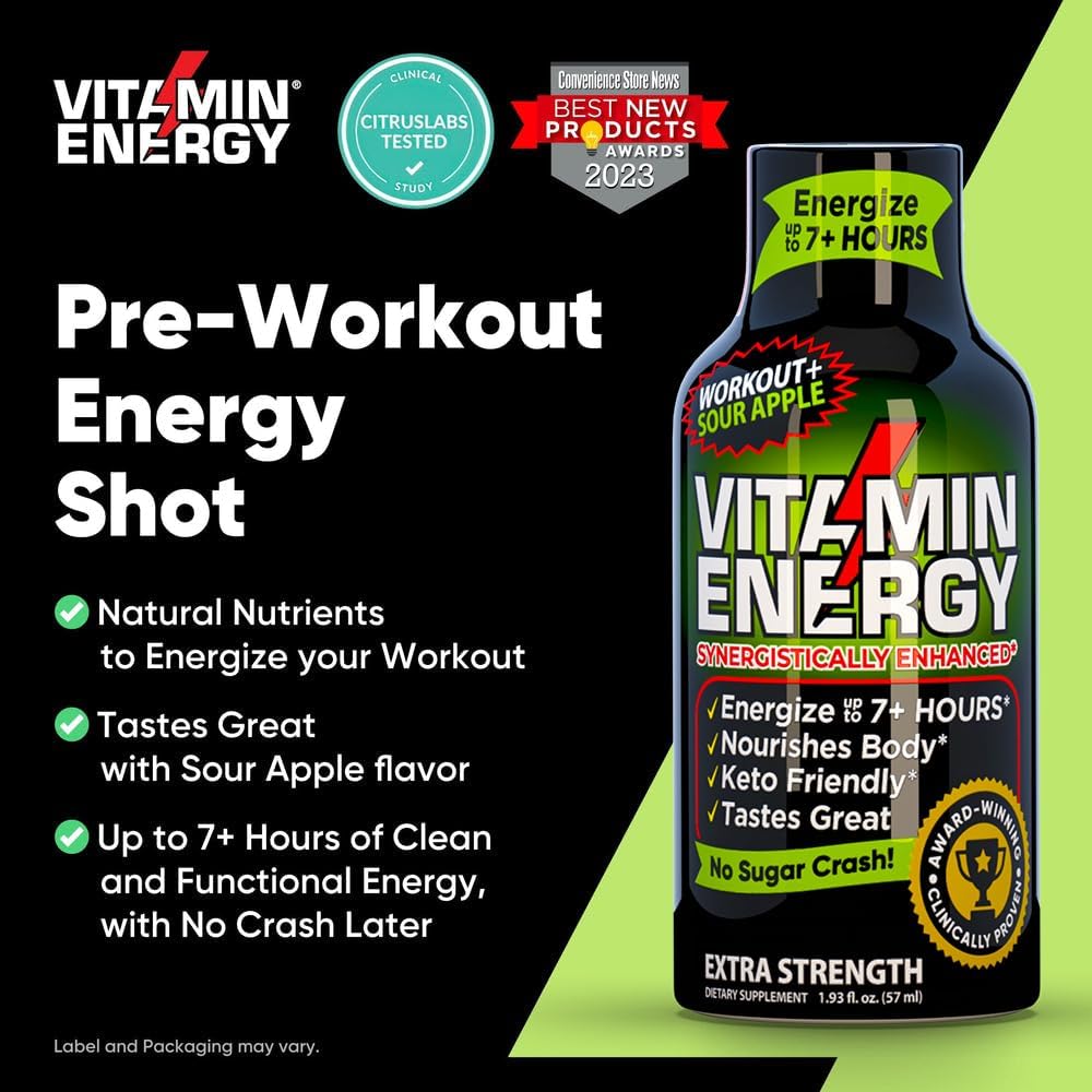Vitamin Energy Workout+ Sour Apple seal and cap close-up emphasizing quality and safety.