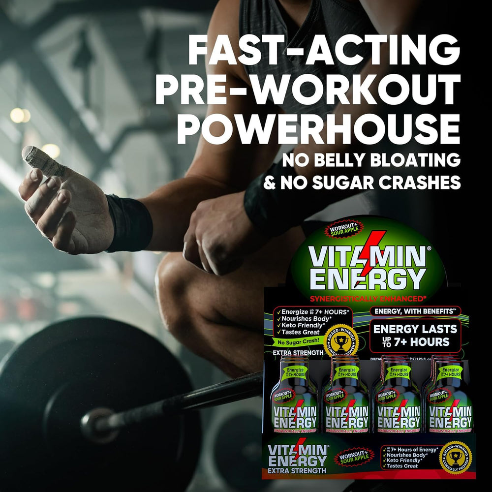 Vitamin Energy Workout+ Sour Apple convenient shot in gym bag for on-site energy.