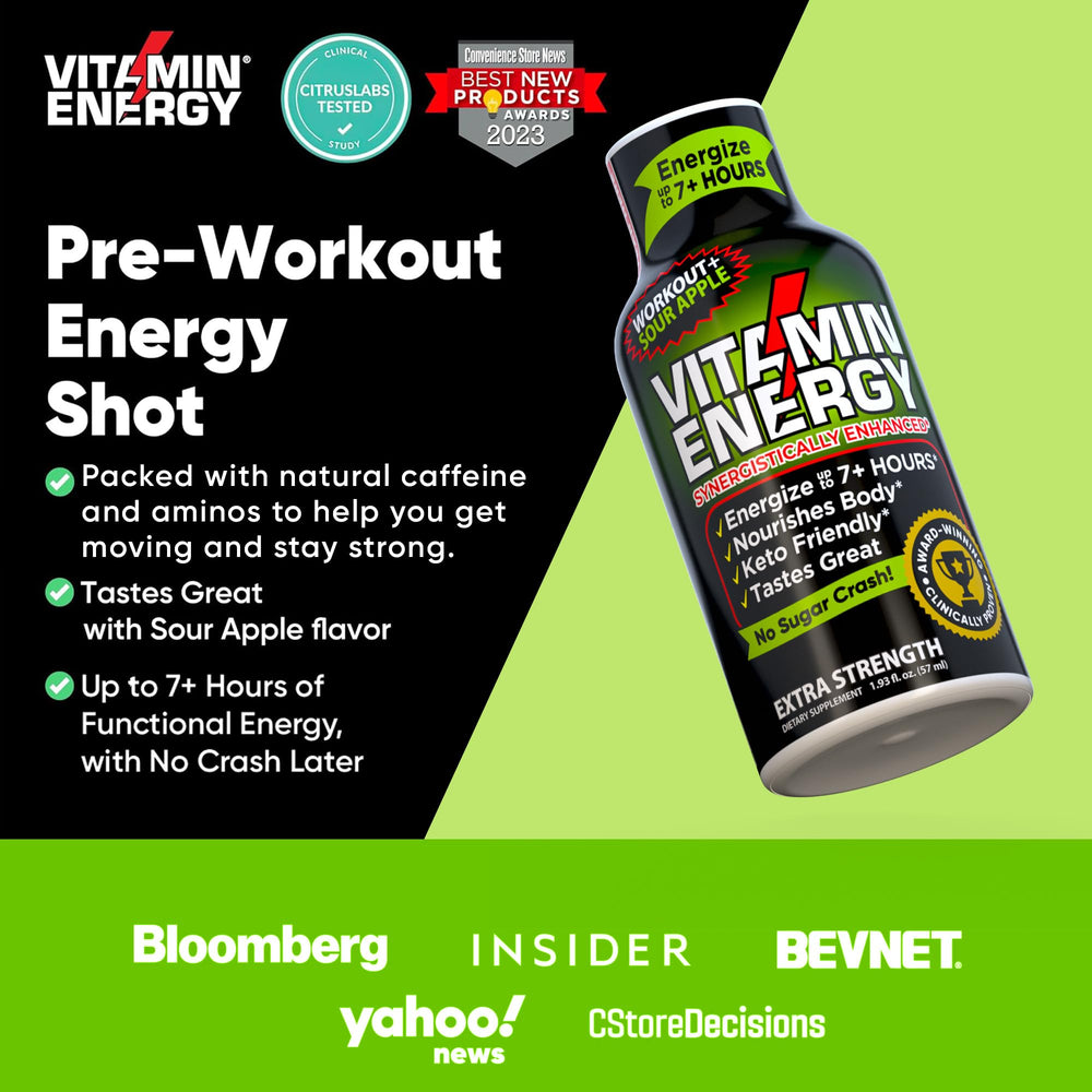 Vitamin Energy Workout+ Sour Apple label close-up shows ingredients for informed choices.