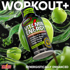 Vitamin Energy Workout+ Sour Apple shot pouring from bottle for quick energy.