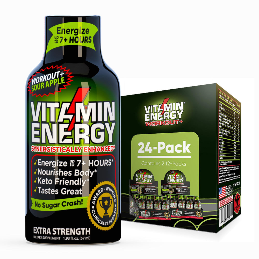 Vitamin Energy Workout+ Sour Apple bottle front for on-the-go pre-workout energy.