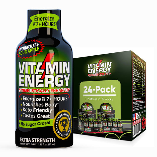 Vitamin Energy Workout+ Sour Apple bottle front for on-the-go pre-workout energy.