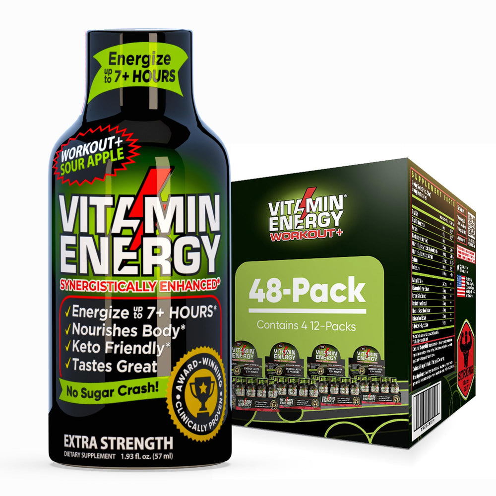 Vitamin Energy Workout+ Sour Apple bottle ready for on-the-go training energy