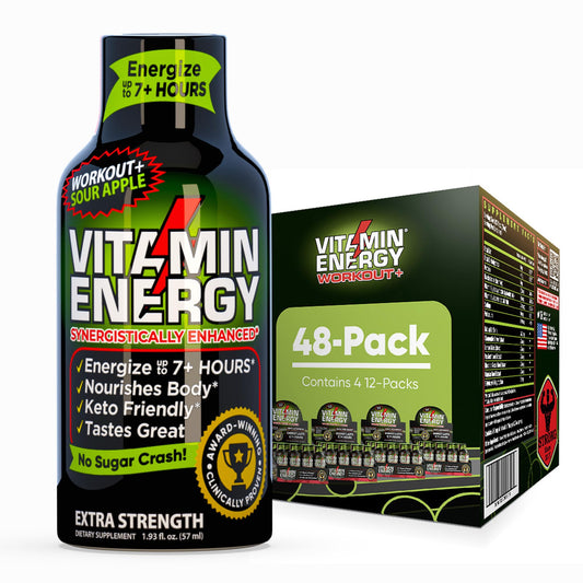 Vitamin Energy Workout+ Sour Apple bottle ready for on-the-go training energy