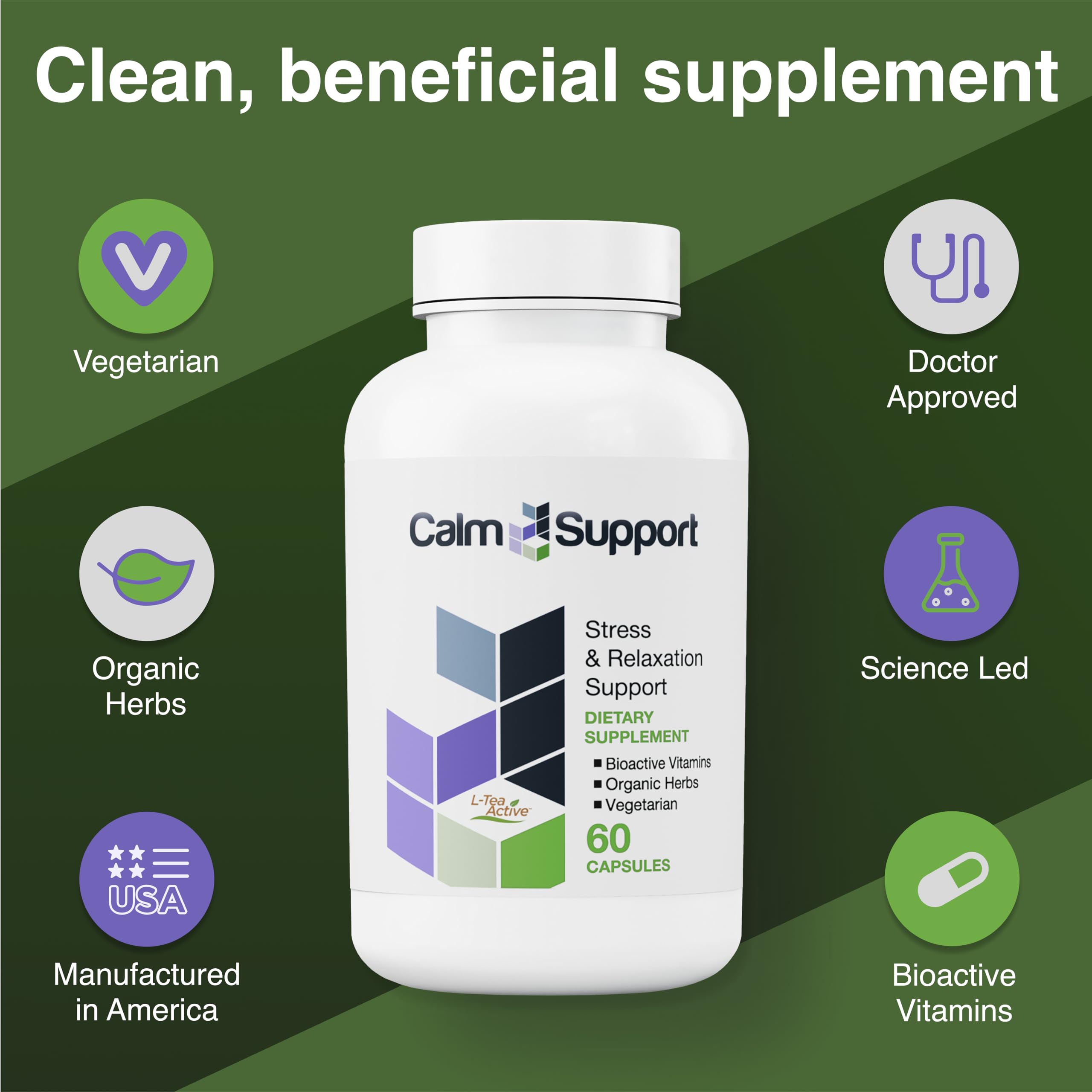 Vitamin Support CalmSupport bottle label highlights organic ingredients and quality.