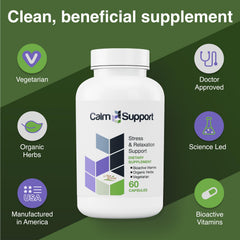 Vitamin Support CalmSupport bottle label highlights organic ingredients and quality.