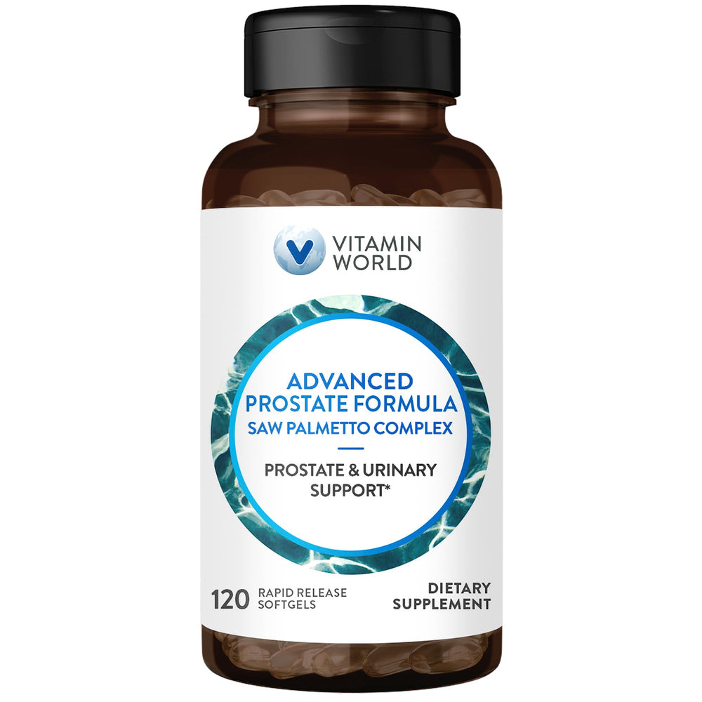 Vitamin World Advanced Prostate Formula softgels bottle display, supports urinary health and prostate wellness.