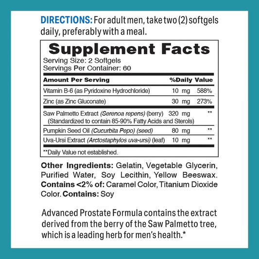 Vitamin World Advanced Prostate Formula softgels label closeup, gluten-free formula with rapid-release benefits.